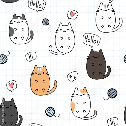 Cute adorable kawaii fat cat kitten laying down on grid cartoon doodle seamless pattern background wallpaper