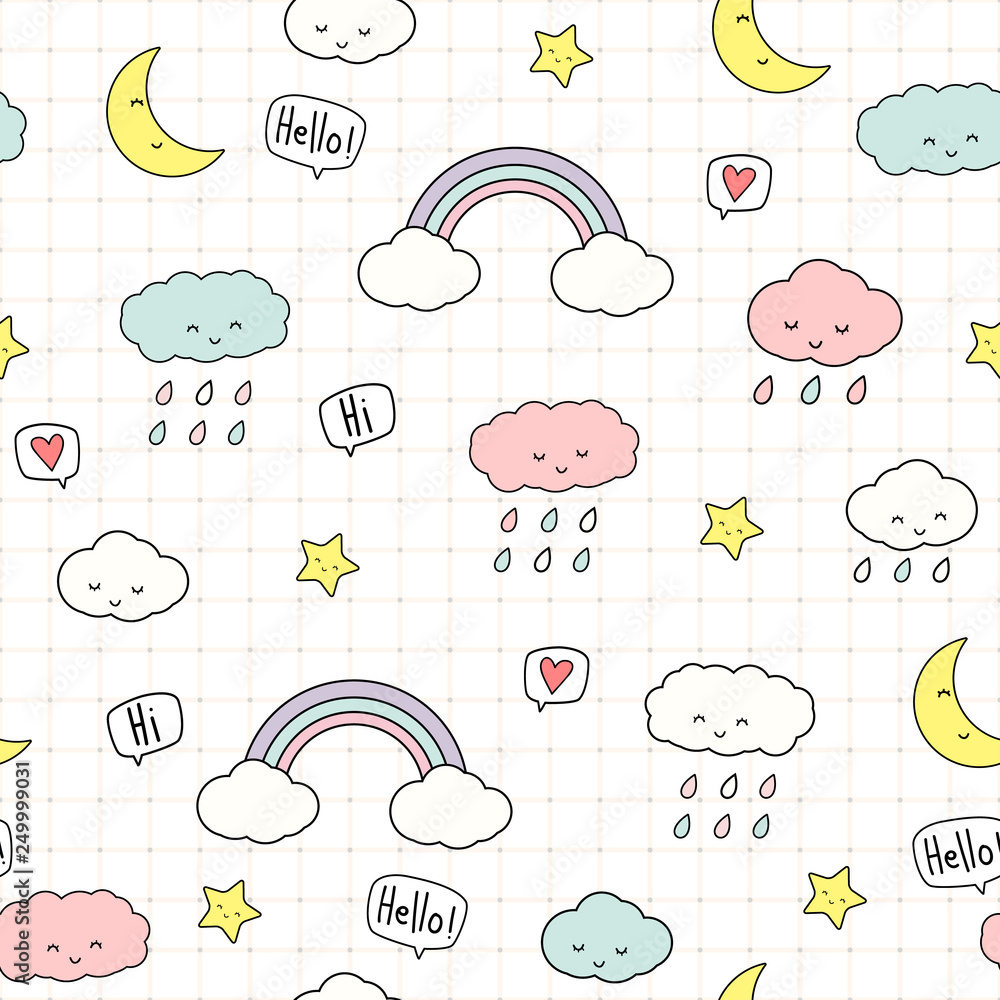 Cute adorable kawaii little cloud star and moon sky pastel color cartoon  doodle seamless pattern background wallpaper Stock Vector | Adobe Stock