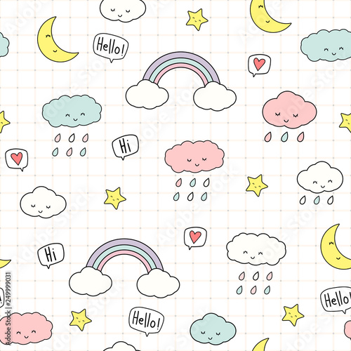 Cute adorable kawaii little cloud star and moon sky pastel color cartoon  doodle seamless pattern background wallpaper Stock Vector | Adobe Stock
