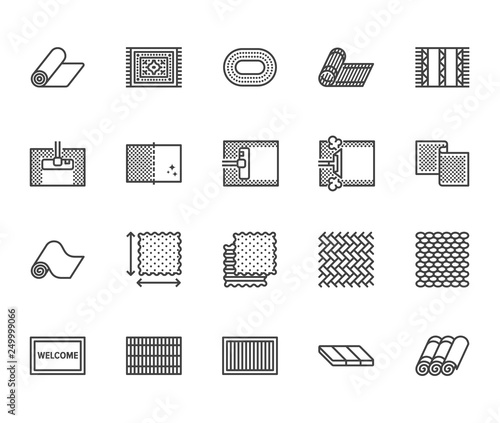 Carpet cleaning flat line icons set. Rug steaming, bamboo mat, persia carpets, flooring vector illustration. Thin signs for housekeeping service, interior store. Pixel perfect 64x64. Editable Strokes