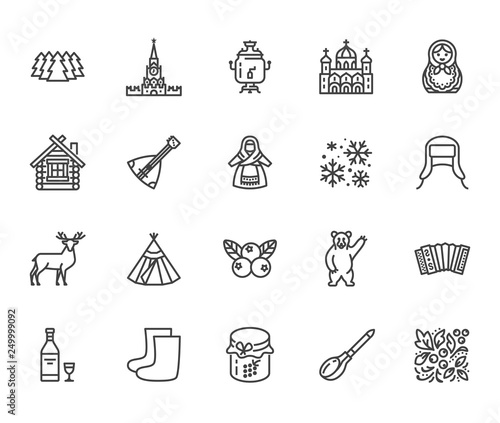 Russia flat line icons set. Russian doll, ornament, Moscow Kremlin, samovar, deer, bear, accordion, vodka vector illustrations. Thin signs for travel agency. Pixel perfect 64x64 Editable Strokes