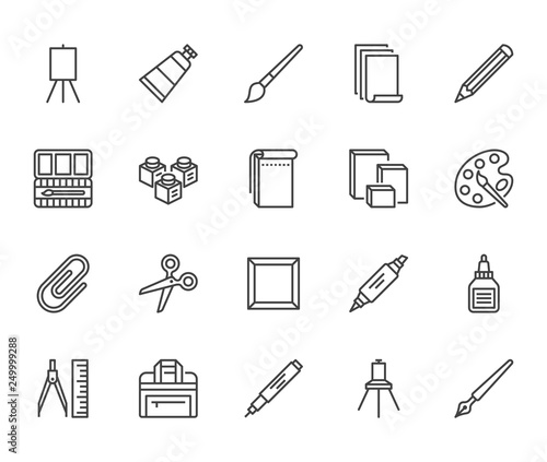 Art supplies flat line icons set. Oil paints, watercolor, drawing paper, sketchbook, pallette, stationery vector illustrations. Thin signs for artistic store. Pixel perfect 64x64. Editable Strokes