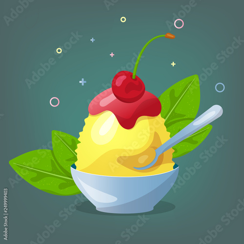 Traditional Japanese dessert kakigori. Ice chips with cherry and lemon syrup. Vector flat illustration.