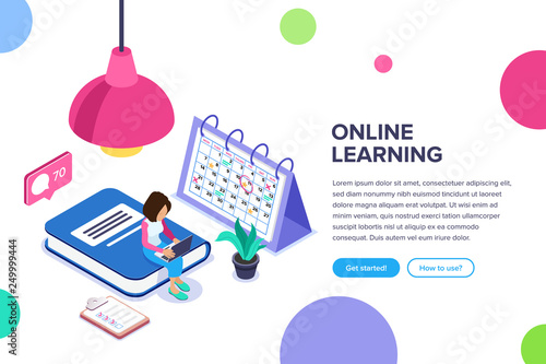 Isometric online learning concept. Woman with a laptop gets new knowledge on a big book. Large lamp. Can use for web banner, infographics, hero images.