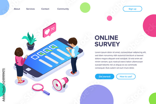 Isometric online survey concept. Vote or checklist. Man and woman from mobile devices are surveyed on the site. Can use for web banner, infographics, hero images.