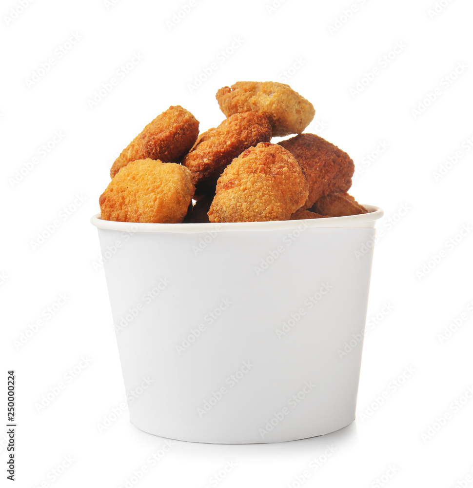 Tasty nuggets in paper bowl on white background Tasty nuggets in paper bowl on white background