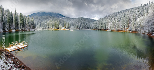 Panorama of mountain lake with forest around covered with snow