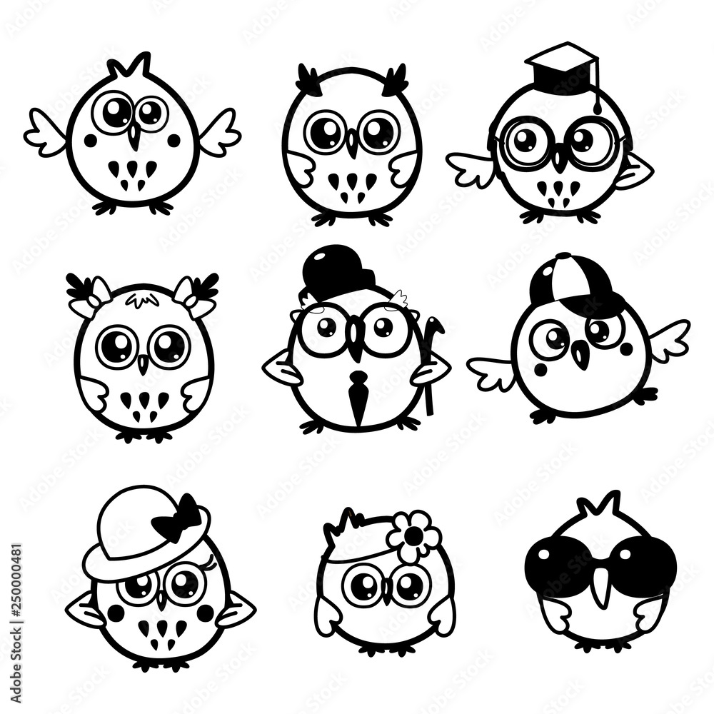 Set of cute black and white owls with different glasses and hats ...