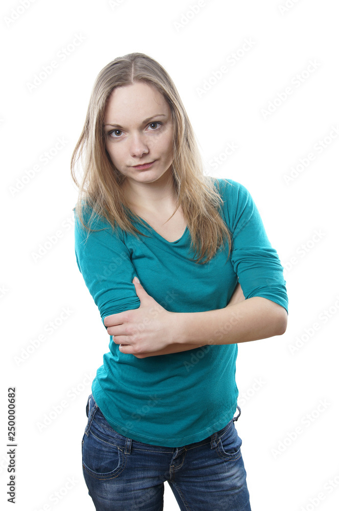 young blonde woman is making a face