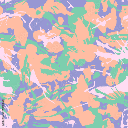 Grunge camouflage seamless pattern, fluorescent colors. Urban fashion clothing style masking camo repeat print. Pastel colors texture. Design element. Vector illustration