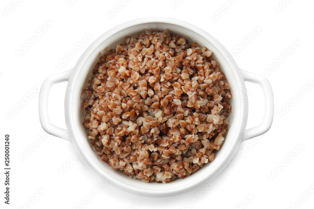 Pot with tasty boiled buckwheat on white background Pot with tasty boiled buckwheat on white background