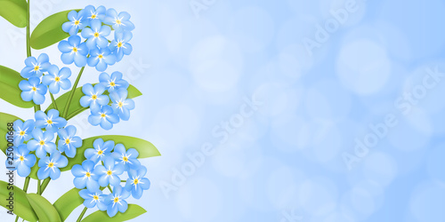 Vector spring or summer background (size 2:1) blue, with the image of small blue flowers (forget-me-not) and green leaves. EPS 10.