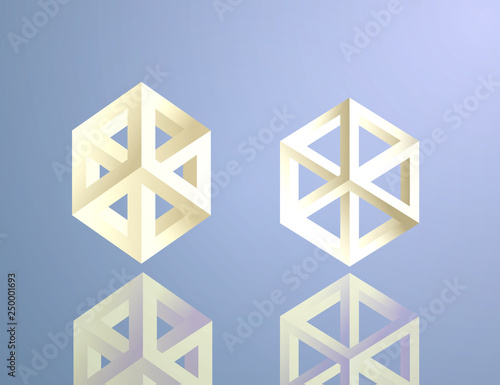 Impossible figures isometric 3d hollow cubes in Escher style, imp-art. Geometric 3D shape optical illusion vector illustration for art idea with hatching on the glass