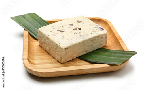 Tasty tofu cheese on white background