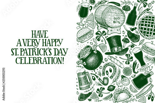 St. Patricks day design template. Vector hand drawn illustrations. Irish vintage background. Can be use for menu cover or packaging.
