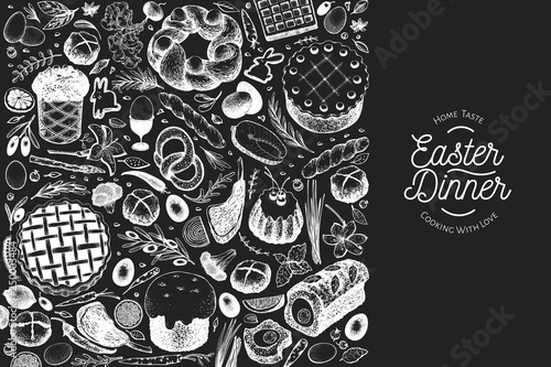 Easter dinner banner template. Vector hand drawn illustrations on chalk board. Happy Easter dinner retro design. Background with food, meat, vegetables, pastry, bakery.