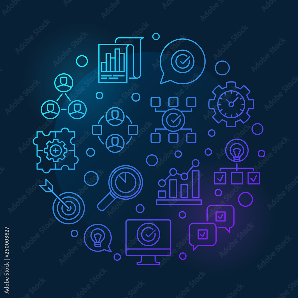 Business Consulting vector round colorful illustration in outline style on dark background