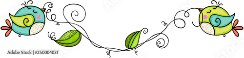 Cute birds holding branch leaves