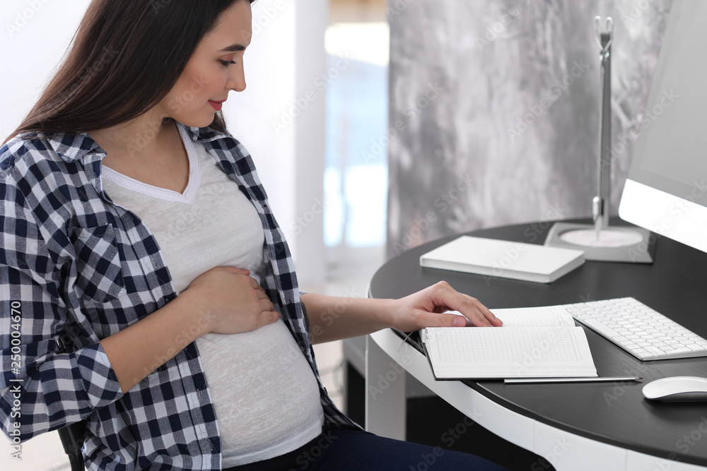 Beautiful pregnant woman with notebook sitting at table Beautiful pregnant woman with notebook sitting at table