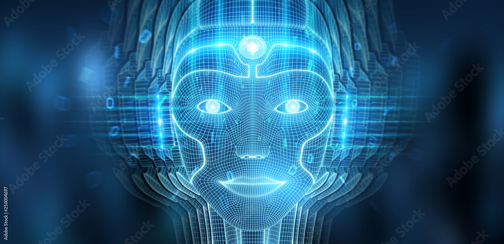 Robotic woman cyborg face representing artificial intelligence 3D ...