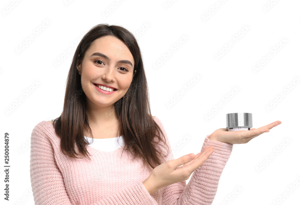 Young woman with smart home assistant device on white background Young woman with smart home assistant device on white background