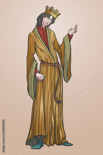 Medieval king with a characteristic gothic slouching posture. Medieval gothic style concept art. Design element. Black a nd white drawing isolated on grey background. EPS10 vector illustration