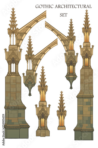 Set of the medieval gothic architectural elements. Flying buttresses, ornate towers. EPS10 vector illustration