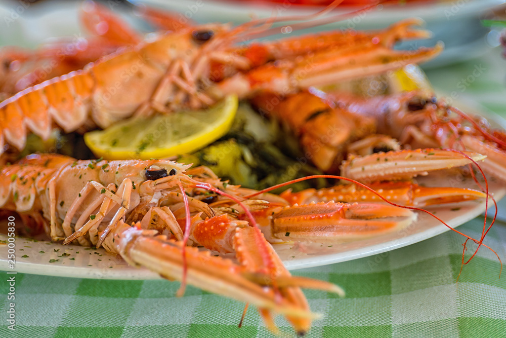 Served boiled langoustines, scampi with lemon and melted butter with herbs close-up on a plate on a table. Served boiled langoustines, scampi with lemon and melted butter with herbs close-up on a plate on a table.