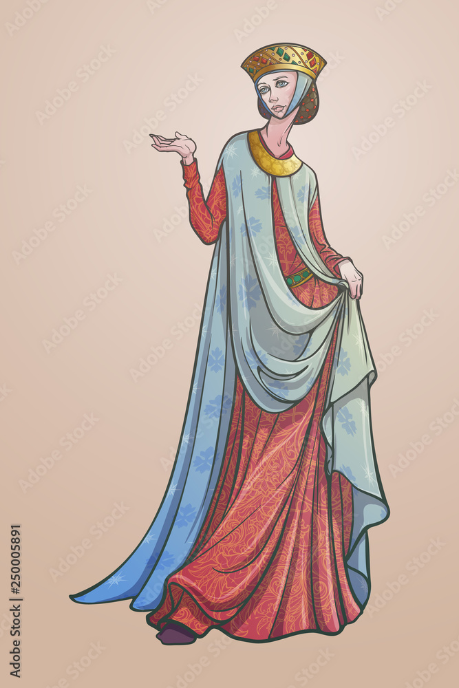Medieval princess with a characteristic gothic slouching posture. Medieval gothic style concept art. Design element. Color drawing isolated on gradient background. EPS10 vector illustration