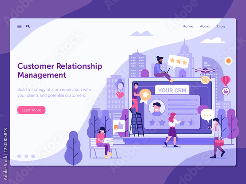 Customer relationship management platform landing page template with happy clients leaving positive feedback. CRM service web banner with people gathering positive user experience on database.