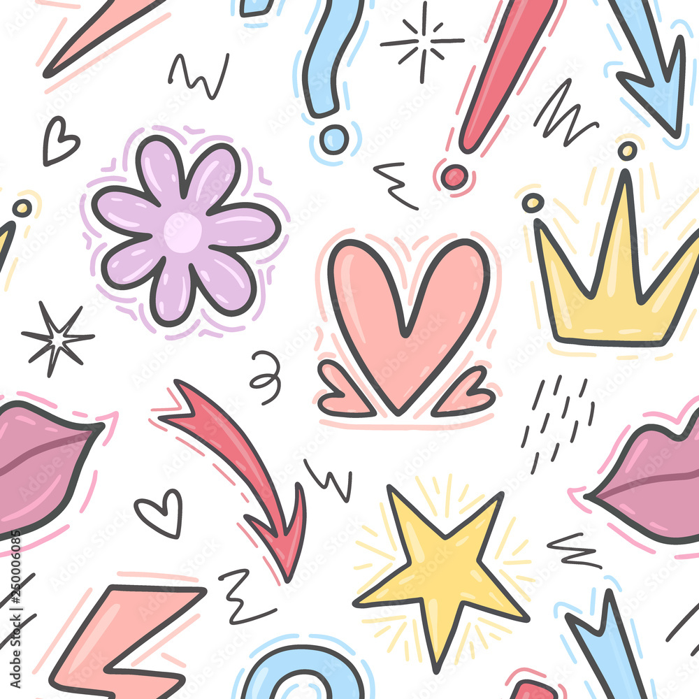 Hand-drawn doodle seamless pattern with hearts, stars, signs and lips. Funny girlish print for girls clothes, t-shirts, linen, textile and notebooks. Vector eps 10