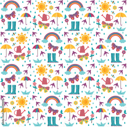 Spring pattern with rainbow, sun, umbrella, paper boat and rain icons. Springtime seamless background for wrapping paper or print.