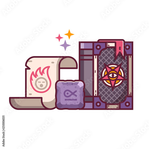 Rpg fantasy game elements with sacred runes, magic scroll and spell book with pentagram sign. Wizard staff grimoire tome and magical stuff. Gaming assets design in line art.