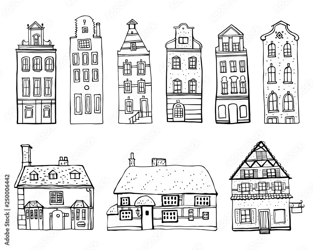 Vintage stone Europe houses. Set of old style town and village building facades. Hand drawn outline vector sketch illustration