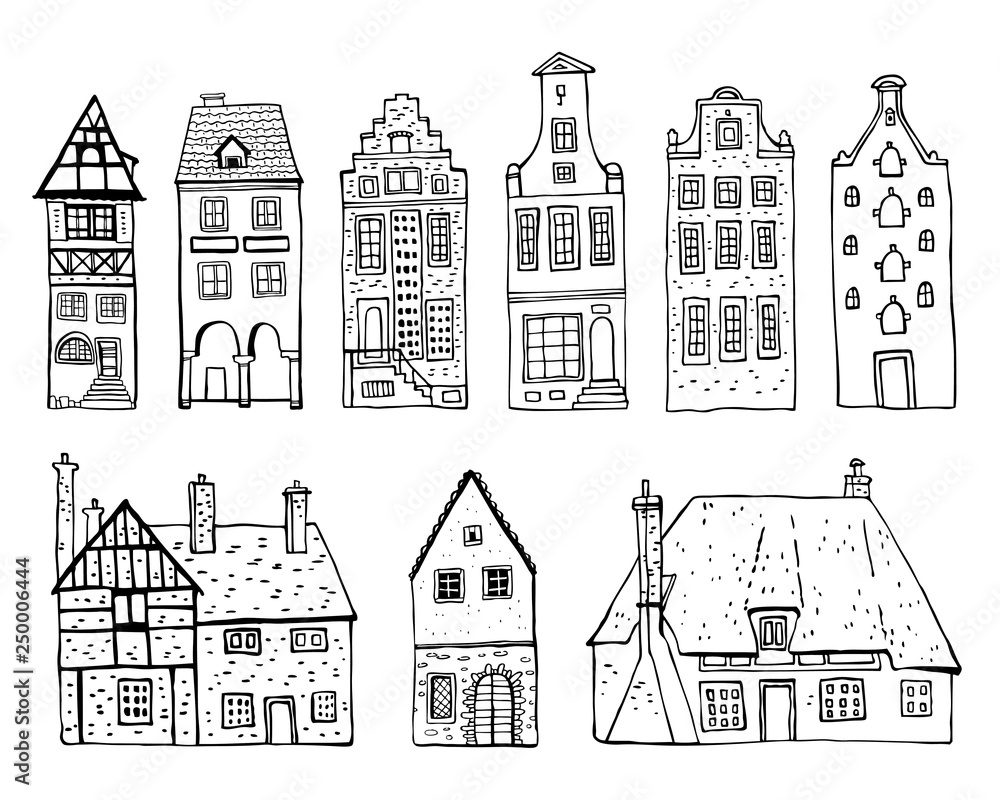 Vintage stone Europe houses. Set of old style building facades. Hand drawn outline vector sketch illustration
