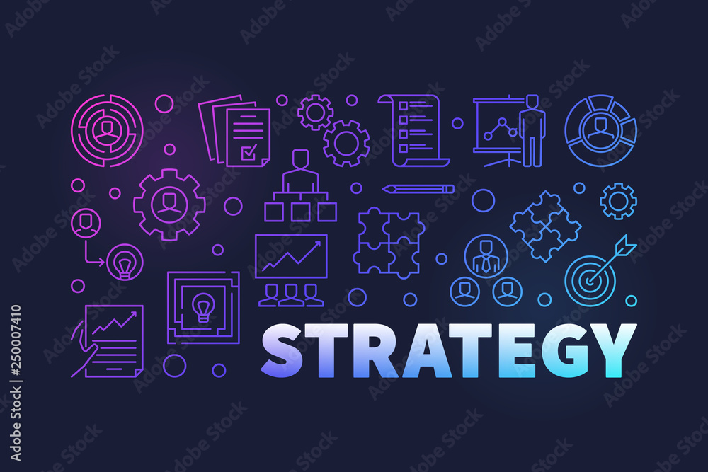 Strategy vector colored horizontal banner or illustration in thin line style on dark background