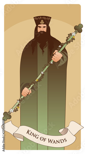 King of Wands with crown and symbolic trefoil, holding a rod surrounded by a garland of leaves and flowers. Minor arcana Tarot cards. Spanish playing cards.