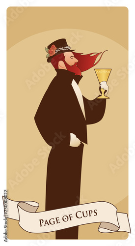 Page or knave of cups with top hat, roses and thorns, holding a golden cup. Minor arcana Tarot cards. Spanish playing cards.
