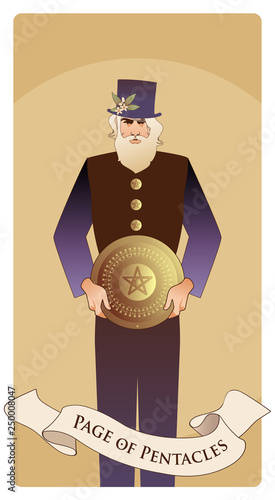 Page or knave of pentacles with top hat holding a golden shield. Minor arcana Tarot cards. Spanish playing cards.