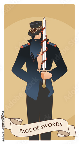 Page or knave of swords with top hat holding a sword with flowers and leaves. Minor arcana Tarot cards. Spanish playing cards.