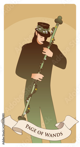 Page or knave of swords with top hat holding a sword with flowers and leaves. Minor arcana Tarot cards. Spanish playing cards.