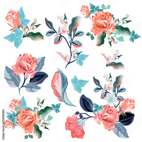 Collection of vector realistic watercolor roses for design