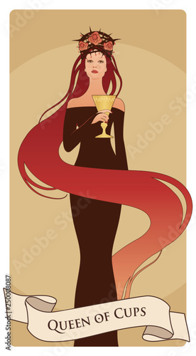 Queen of Cups with crown, roses and thorns, holding a golden cup. Minor arcana Tarot cards. Spanish playing cards.