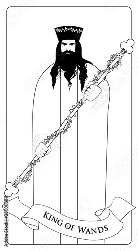 Outlines King of Wands with crown and symbolic trefoil, holding a rod surrounded by a garland of leaves and flowers. Minor arcana Tarot cards. Spanish playing cards coloring.