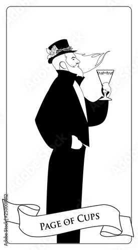 Outlines Paje or knave of cups with top hat, roses and thorns, holding a golden cup. Minor arcana Tarot cards. Spanish playing cards coloring.