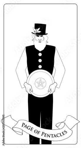 Outlines Page or knave of pentacles with top hat holding a golden shield. Minor arcana Tarot cards. Spanish playing cards coloring.