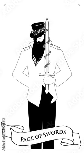 Outlines Paje or knave of swords with top hat holding a sword with flowers and leaves. Minor arcana Tarot cards. Spanish playing cards coloring.