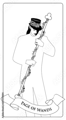 Fotografie, Obraz Outlines Page or knave of Wands with top hat, holding a rod surrounded by a garland of leaves and flowers