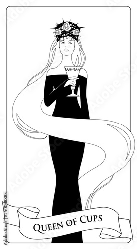 Outlines Queen of Cups with crown, roses and thorns, holding a golden cup. Minor arcana Tarot cards. Spanish playing cards coloring.