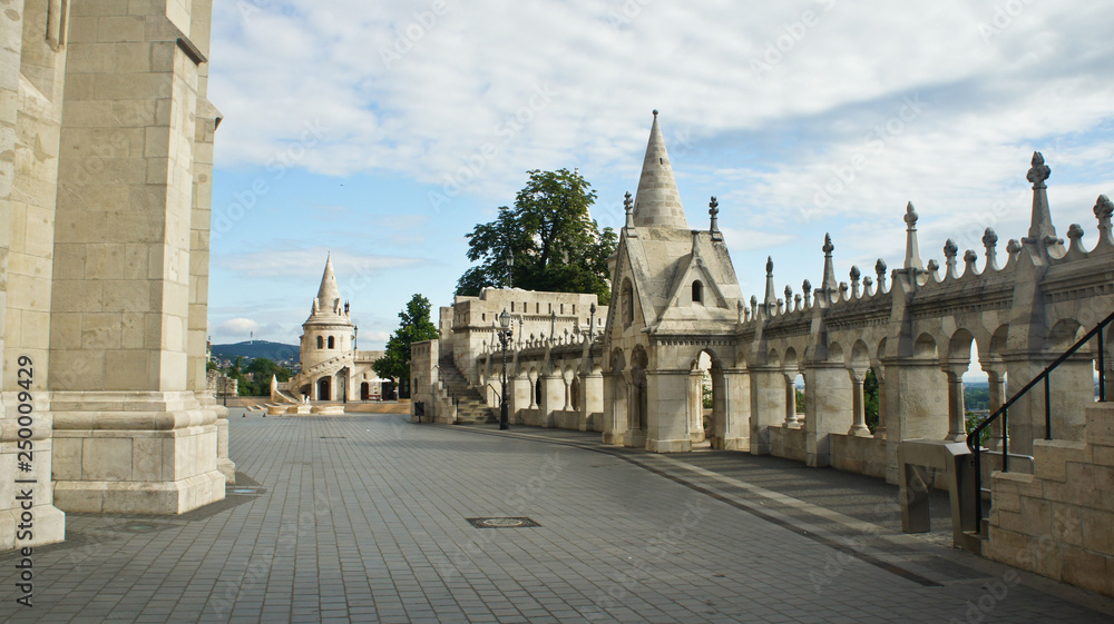 View of Fisherman's Bastion in the morning, Castle hill in Buda, beautiful architecture, sunny day, Budapest, Hungary